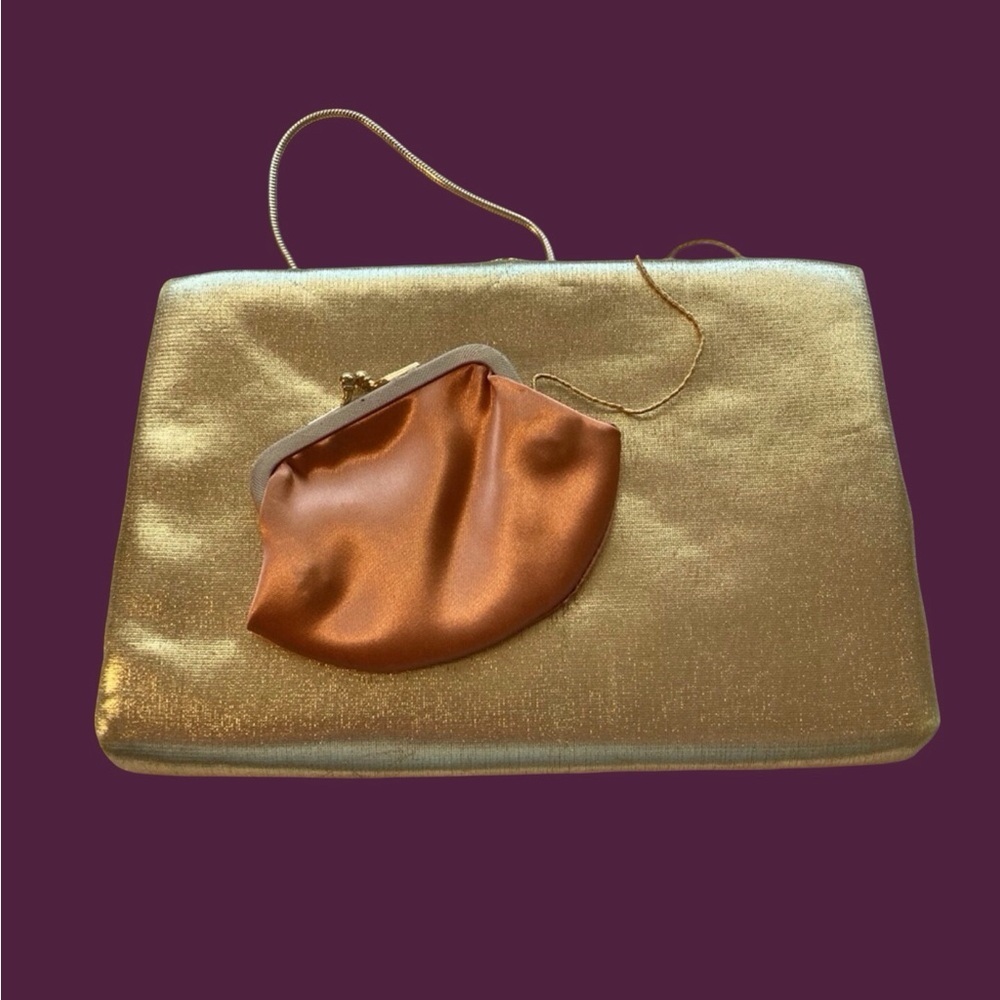 TRUE Vintage After Five Gold Lamé Evening Clutch w/Coin Purse & Chain Strap